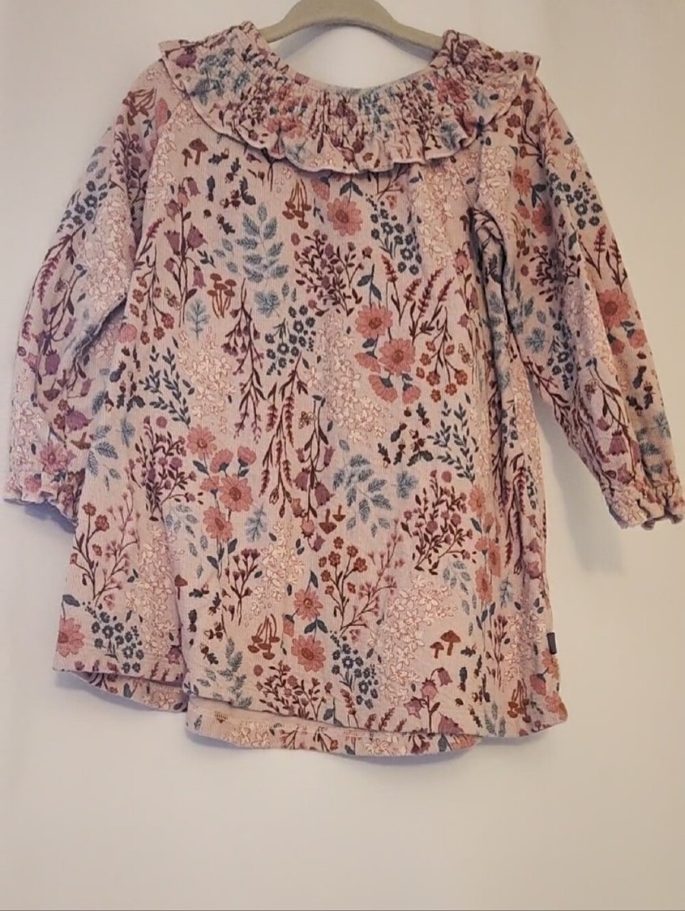 Girls' Floral Ruffle-Neck Long Sleeve Dress - Pink
